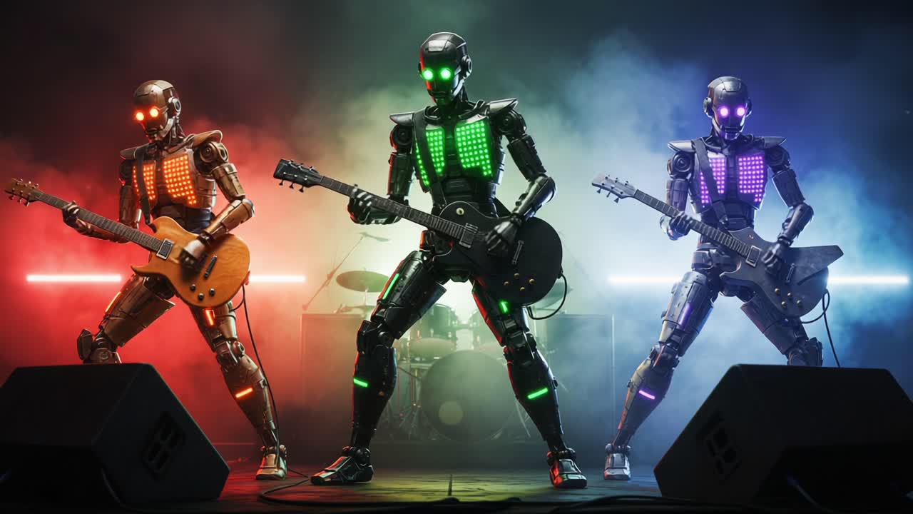Dynamic Performance by Futuristic Robotic Musicians: An Engaging Display of High-Tech Instruments, Lights, and Rhythm in an Enchanting Ambience