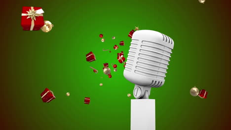 animación de un micrófono vintage con regalos de navidad cayendo sobre un fondo verde