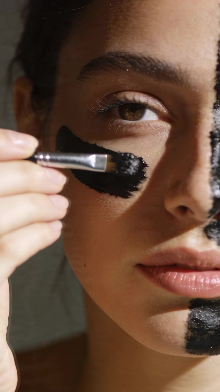 Vertikal video: Pensel nærmer sig, kunstner påfører sort maske på modelansigt i studie til demonstration.
