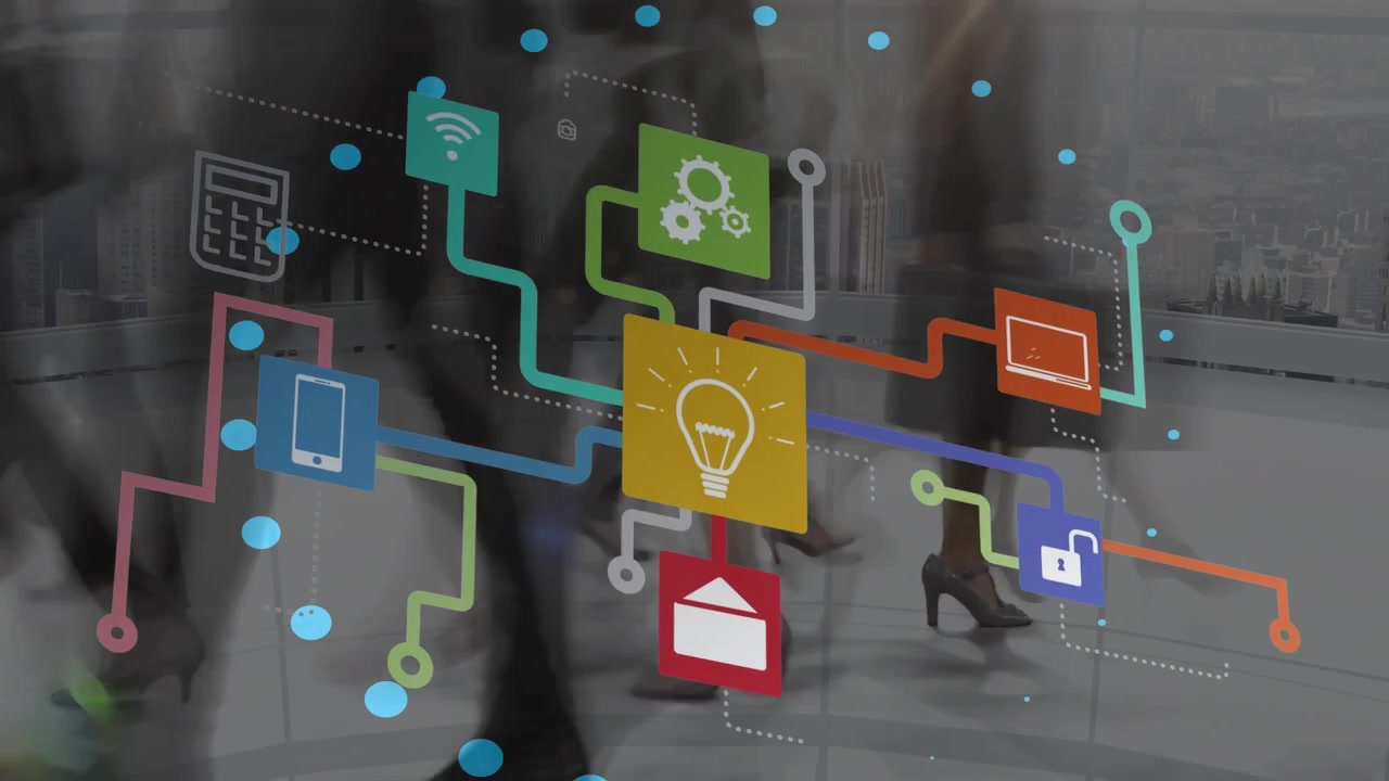 Animation of data processing and network of connections over people walking