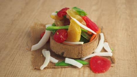 colorful dried fruit mix in coconut bowl
