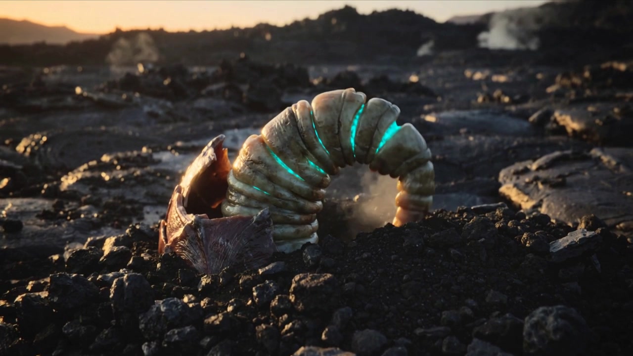 Cracking husk releasing steam, segmented hatchling pushing out on lava plain, revealing cyan bands