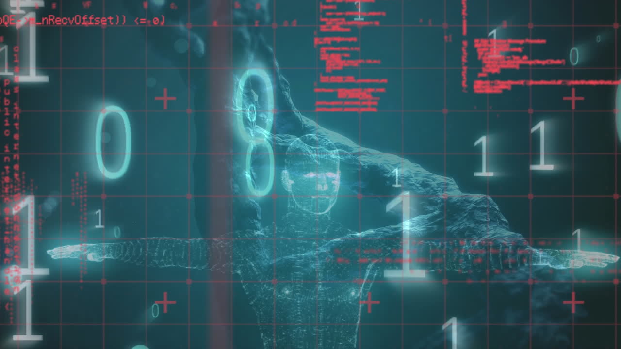 Animation of data processing and binary coding over 3d dna strand spinning