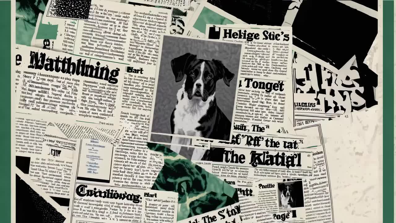 Una miniatura video in stile vintage con una foto di un cane in bianco e nero centrata su un collage