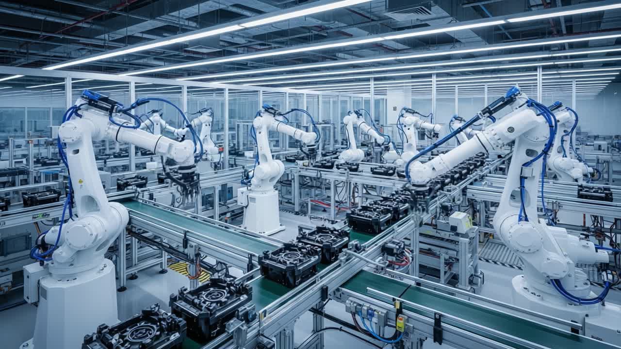A High-Tech Industrial Automation Scene Featuring Robotic Arms in a ...