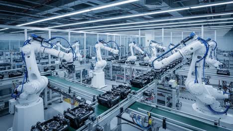 a high-tech industrial automation scene featuring robotic arms in a modern facility, efficiently assembling components on advanced production lines