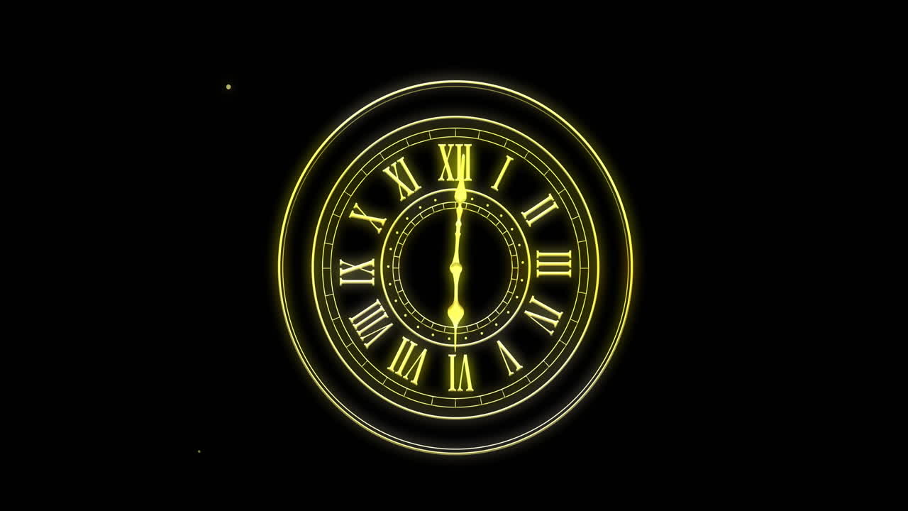 Animation of clock showing midnight and fireworks exploding on black background