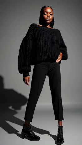 stylish woman posing in black textured sweater and cropped pants