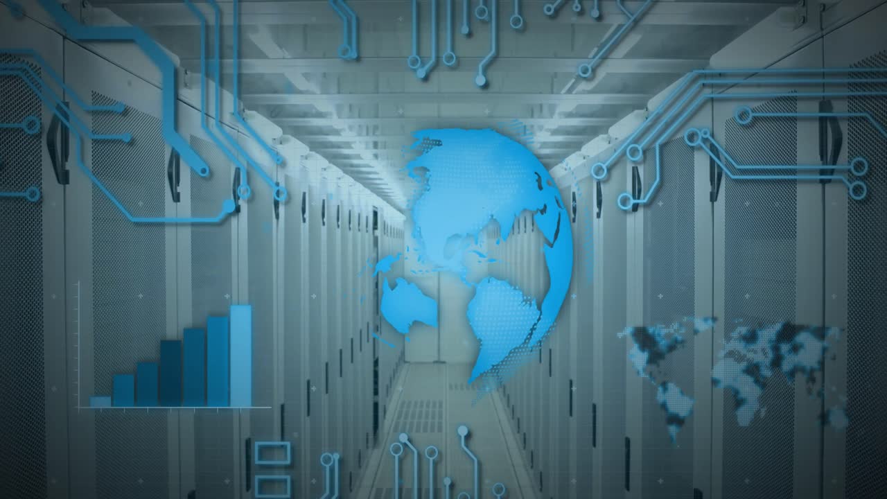 Animation of globe spinning and data processing over computer servers in background
