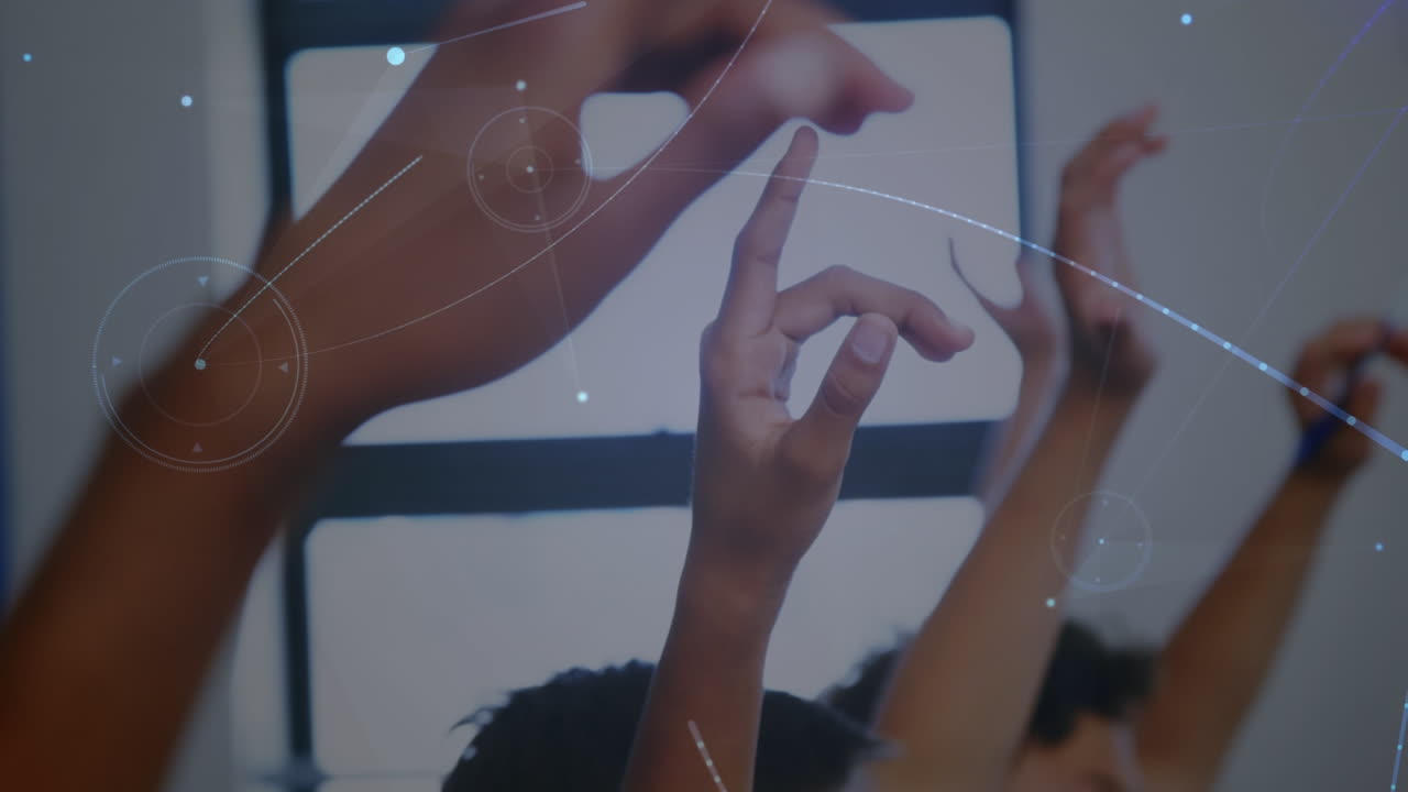 Animation of networks of connections over diverse schoolchildren raising hands