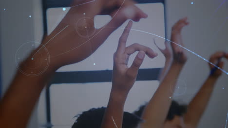 animation of networks of connections over diverse schoolchildren raising hands