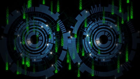 código binario y animación de interfaz digital circular sobre fondo negro