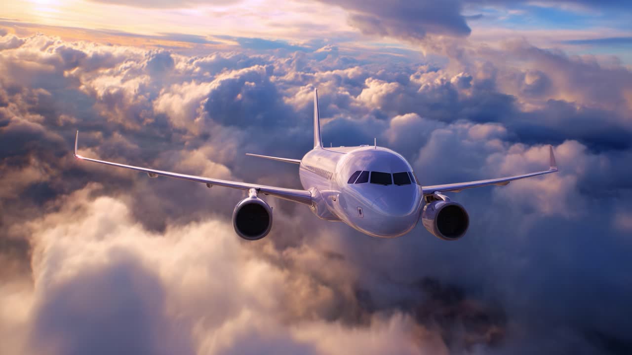 Un aeroplano che vola con eleganza tra le vivaci nuvole durante il tramonto, catturando la bellezza del volo mentre attraversa il cielo vasto e colorato.