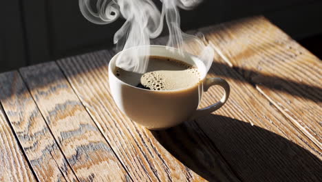 steaming coffee cup on a wooden table