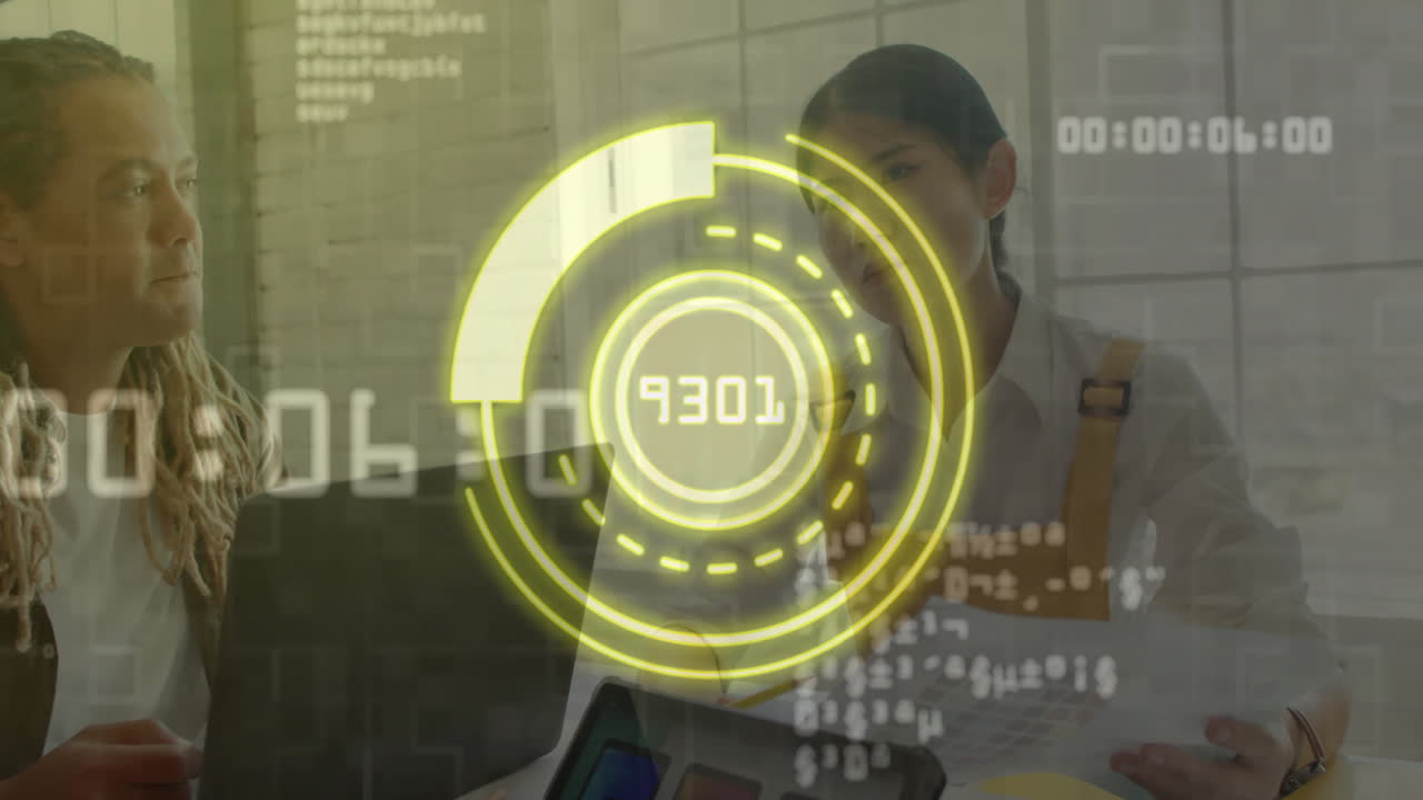 Discussing project, diverse coworkers in modern office with digital interface animation