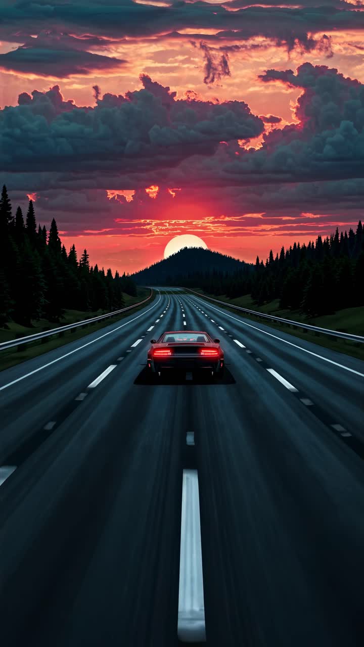 A video still of a red sports car on a highway at sunset, captured from a low rear angle
