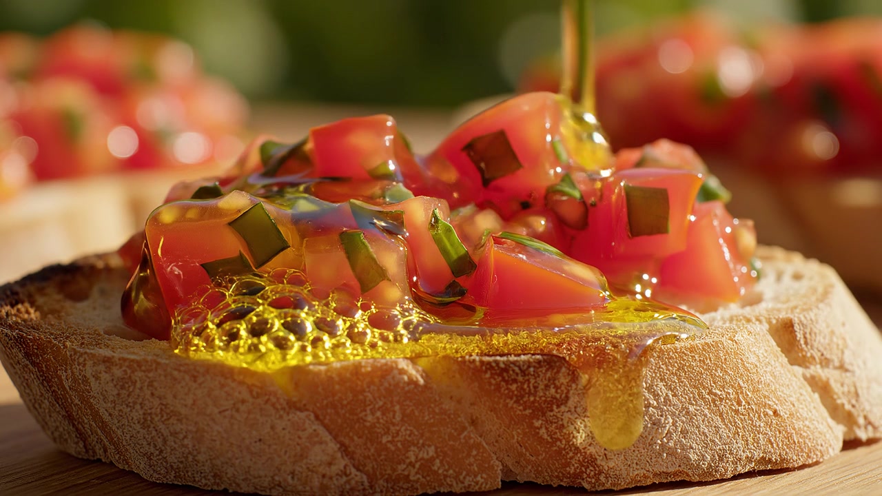 Derramando Azeite Sobre Bruschetta de Tomate Fresco