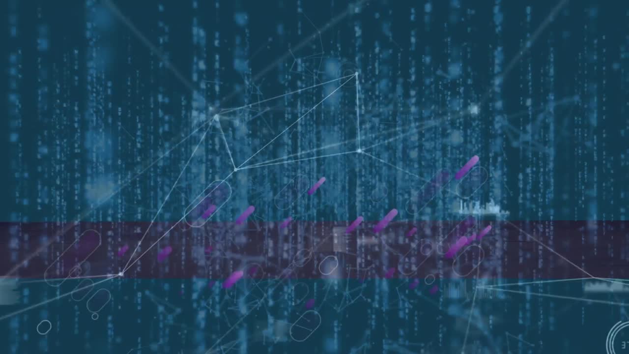 Animation of purple lines over network of connections and data processing