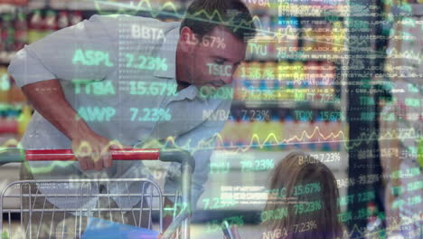 financial data and stock market animation over people shopping in supermarket