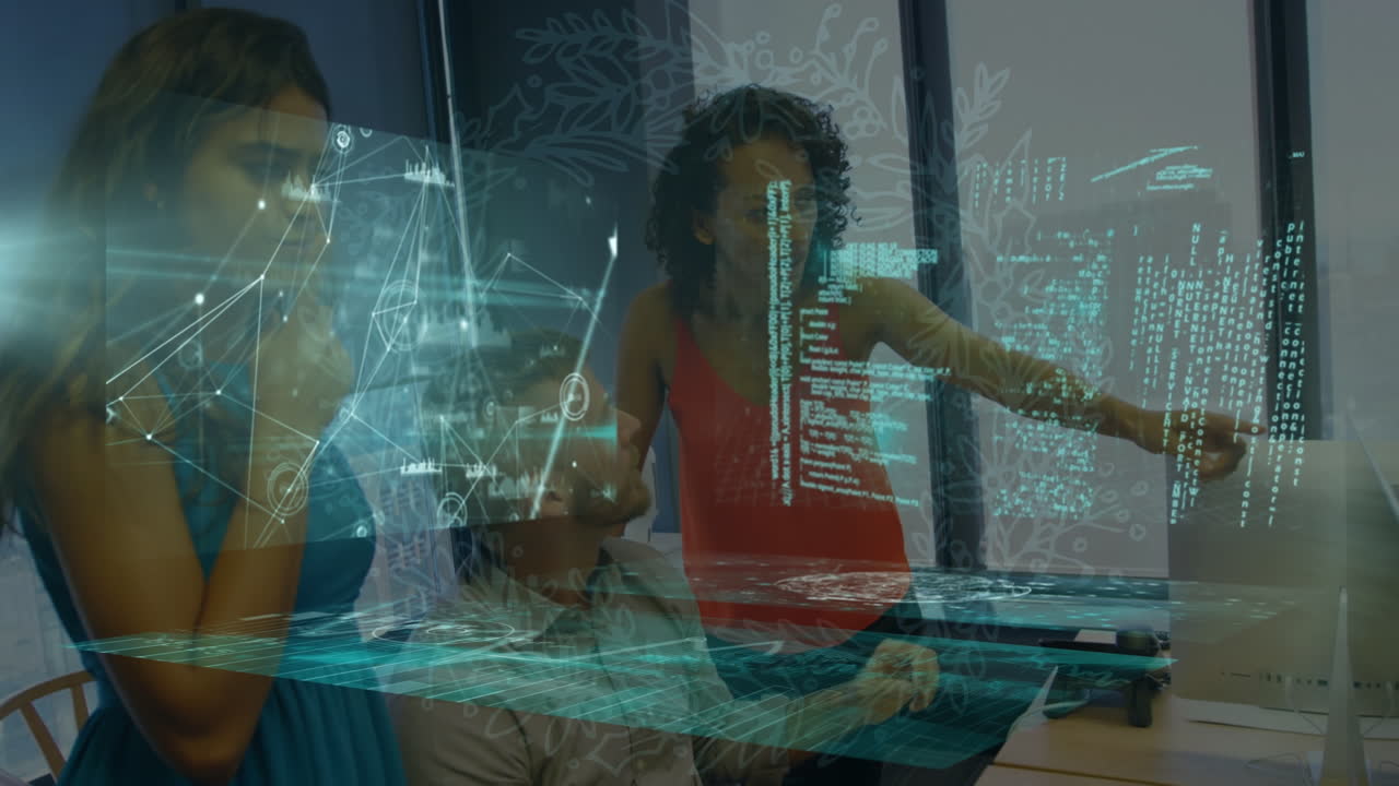 animación del procesamiento de datos financieros sobre diversas personas de negocios en la oficina