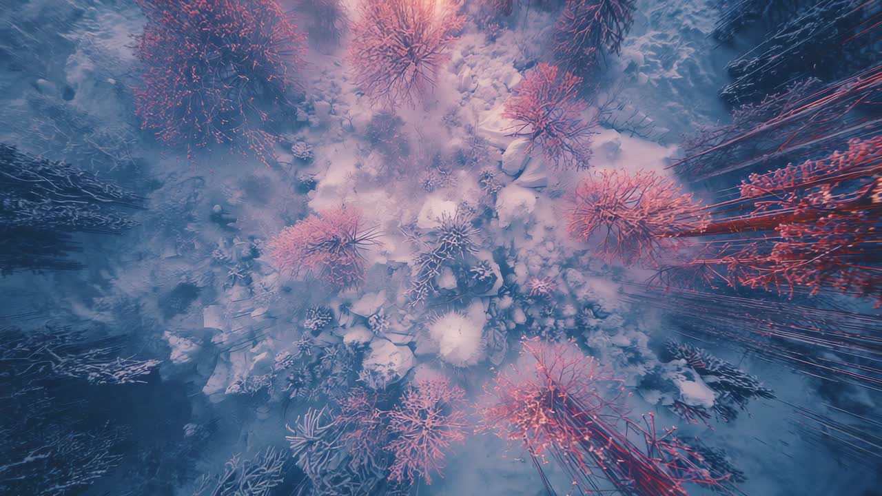 Launching drone camera revealing frost-coated spindly trees above snow clearing, with pink glow