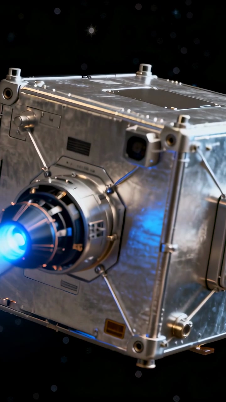 Vertical video: Rotating cube bus after blue thruster firing, revealing panel and sensor in space