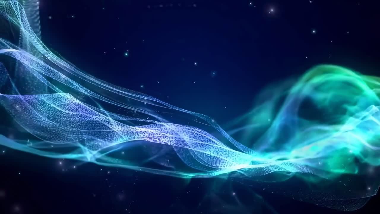 Abstract video with flowing blue waves and starry background, captured from a low angle