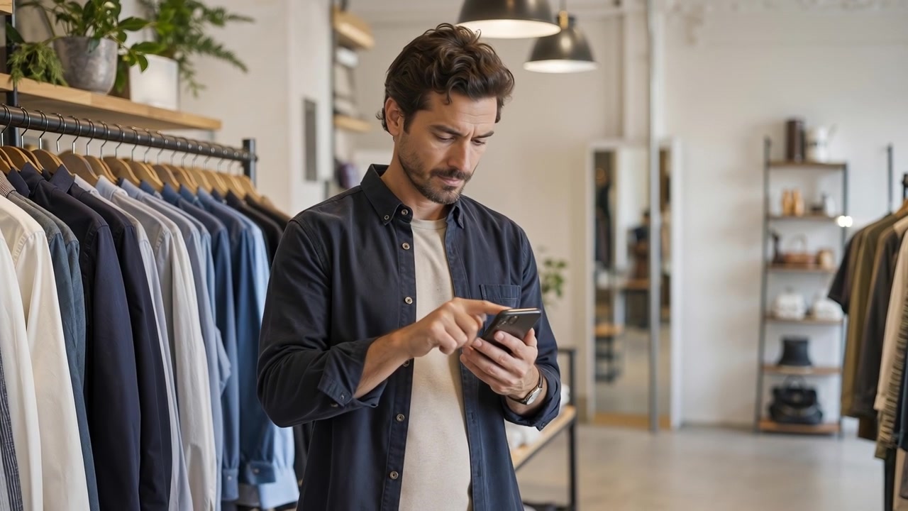 Uomo che usa il suo smartphone mentre fa shopping in un moderno negozio di abbigliamento.