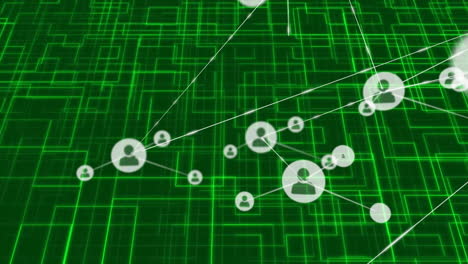 network connections and user icons animation over green digital grid background