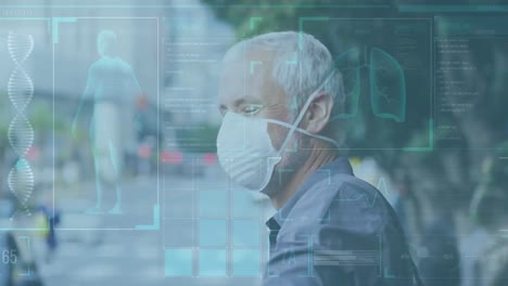 animation of medical data processing over caucasian man in face mask stopping taxi