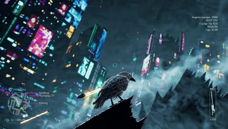 cyberpunk bird on a rooftop