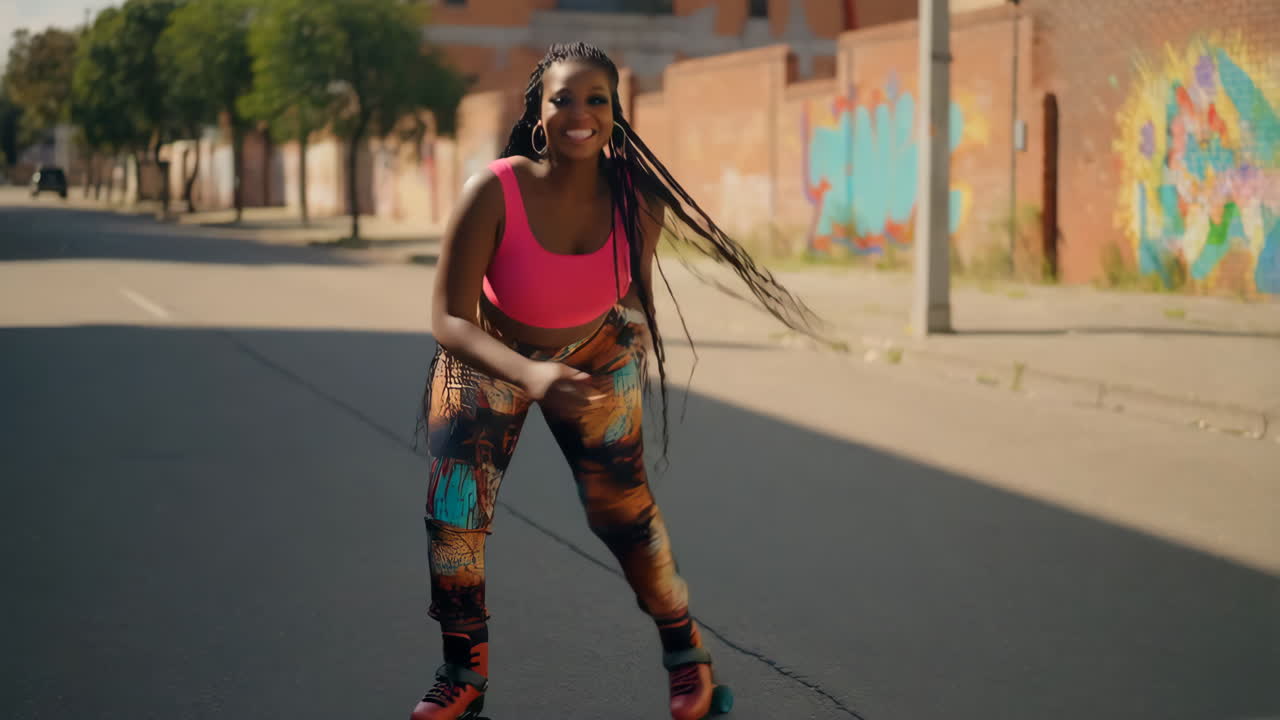 Woman smiling while roller skating on a city street with graffiti