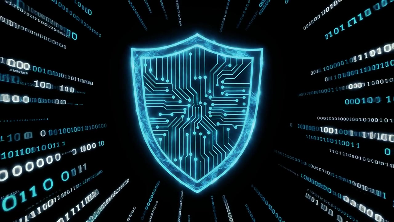 Digital Security Shield with Circuit Board Pattern and Binary Code