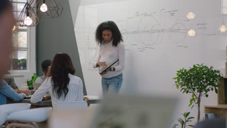 Afroamerikanische-Geschäftsleute-Treffen-Sich-Im-Sitzungssaal.-Schwangere-Teamleiterin-Präsentiert-Finanzdiagrammdaten,-Die-Kollegen-Informationen-Zur-Whiteboard-Schulung-Zeigen.-Studenten-In-Bürovorlesung