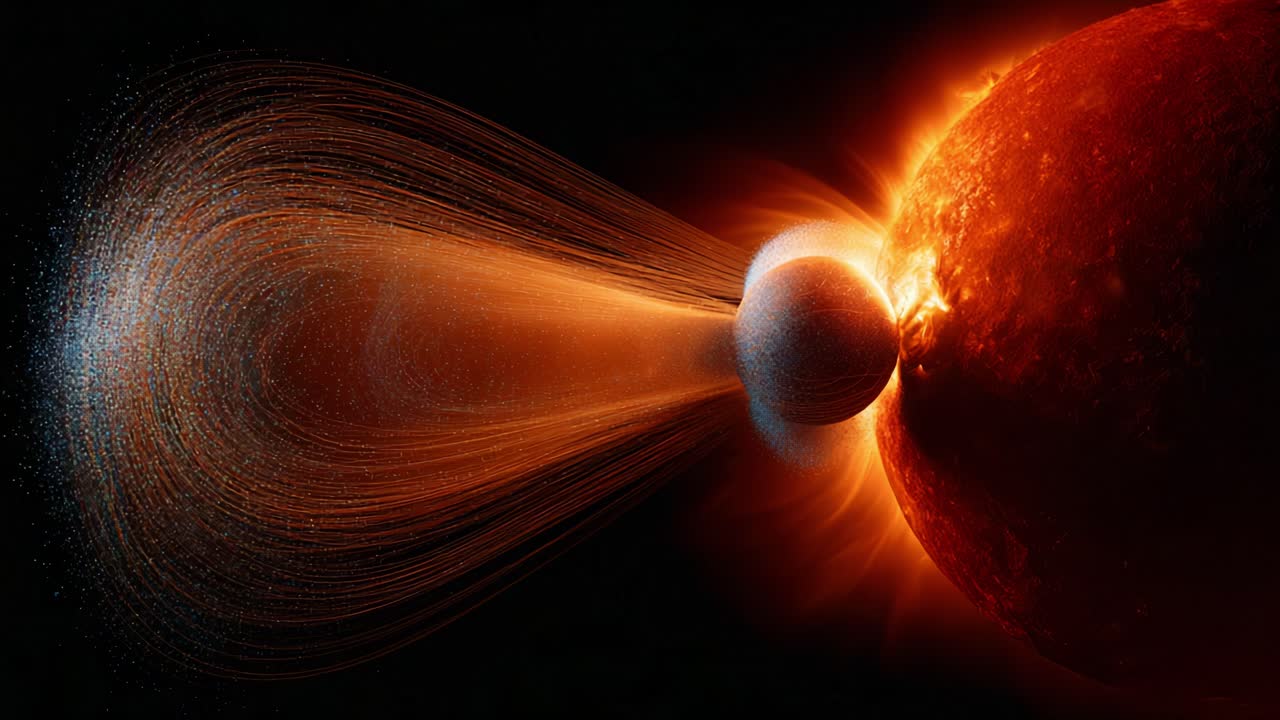 Dramatic Cosmic Interaction: Solar Wind and Planetary Atmosphere Underscored by Dynamic Energy Fields and Photonic Ejections in a Colorful Celestial Display