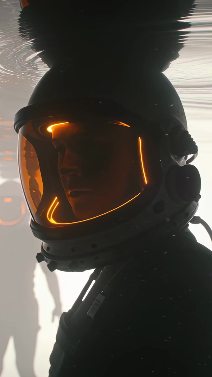 Video vertikal: Lampu tepi naik, model berhelm menoleh di lokasi syuting menyingkap pelindung wajah dan tali kekang.