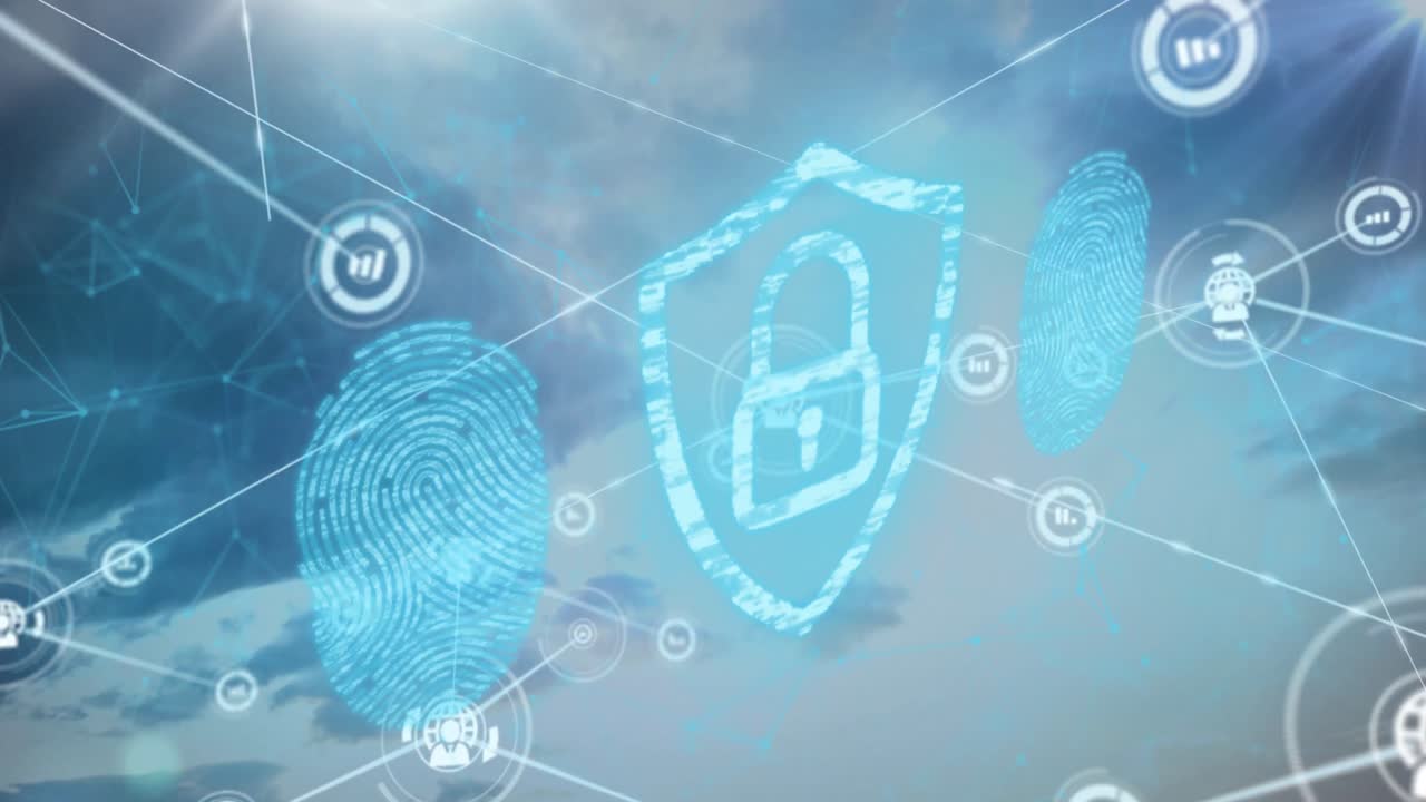 구름이 가득한 하늘을 지키는 방패에서 지문과 잠금 위에 연결된 아이콘의 애니메이션