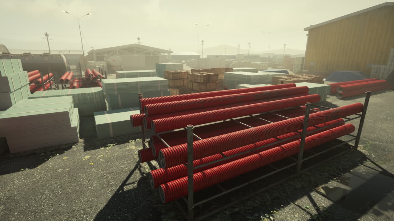 Construction site with pipes and building materials