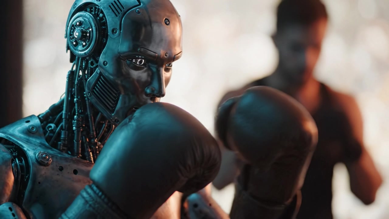 Robot futuriste se préparant à un match de boxe, avec des fonctionnalités améliorées et des détails réalistes, reflétant l'avenir du sport et l'intégration technologique