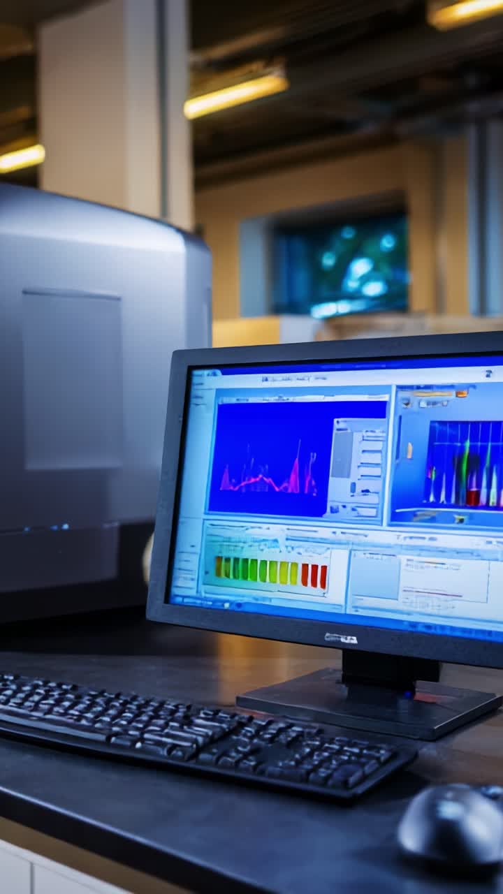 Analisi computerizzata avanzata con visualizzazione dello spettro in un ambiente di laboratorio che mostra dati grafici e strumenti di analisi su una moderna workstation tecnologica