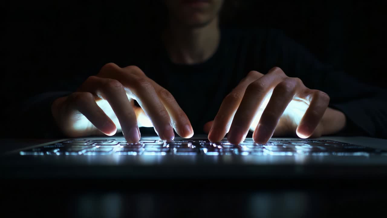 A Close-Up View of Illuminated Hands Typing on a Modern Laptop Keyboard in a Dark Setting, Emphasizing the Soft Glow of the Keys and the Focused Engagement of the User with the Digital Interface