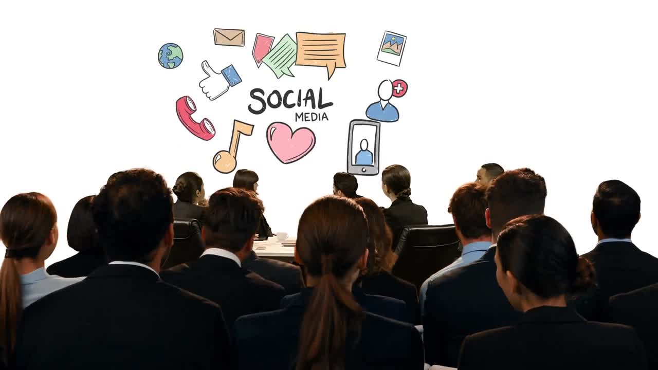 소셜 미디어 아이콘을 보는 사업가들