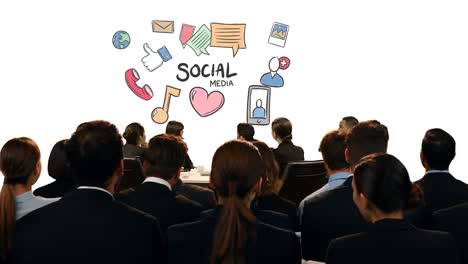 business people looking at social media icons
