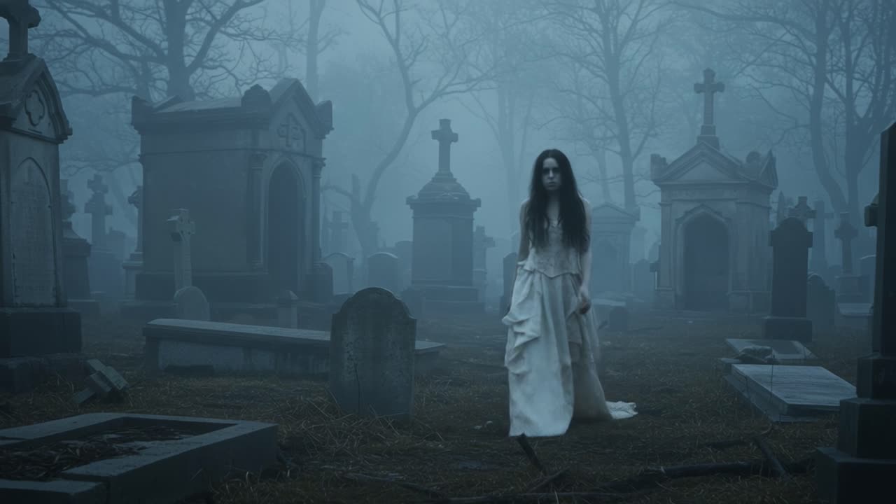 A haunting figure emerges from the misty depths of a graveyard, shrouded in fog and mystery, capturing the eerie ambiance of this desolate resting place