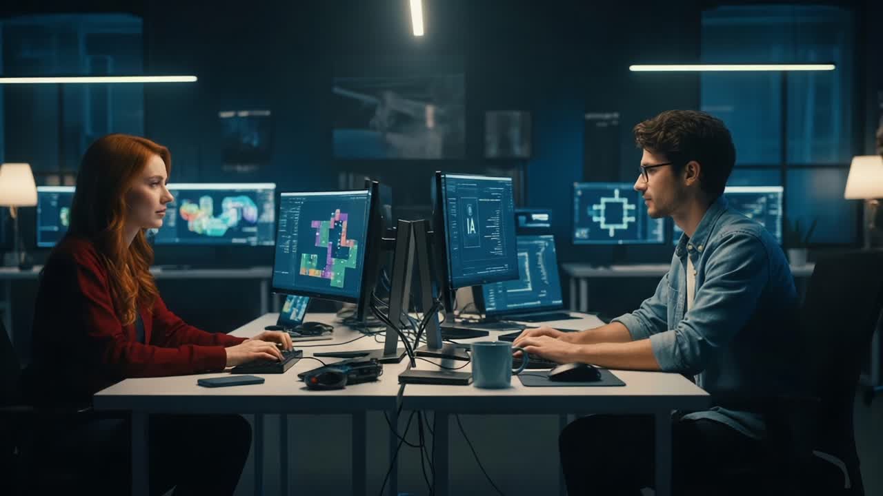 Two Developers Collaborating at Workstations Surrounded by Multiple Monitors, Engaged in Intense Programming and Design Activities in a Modern Tech Environment