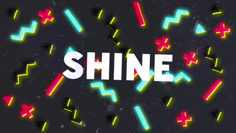 Animation-of-shine-in-white-and-colourful-text-with-colourful-shapes-moving-on-black-background