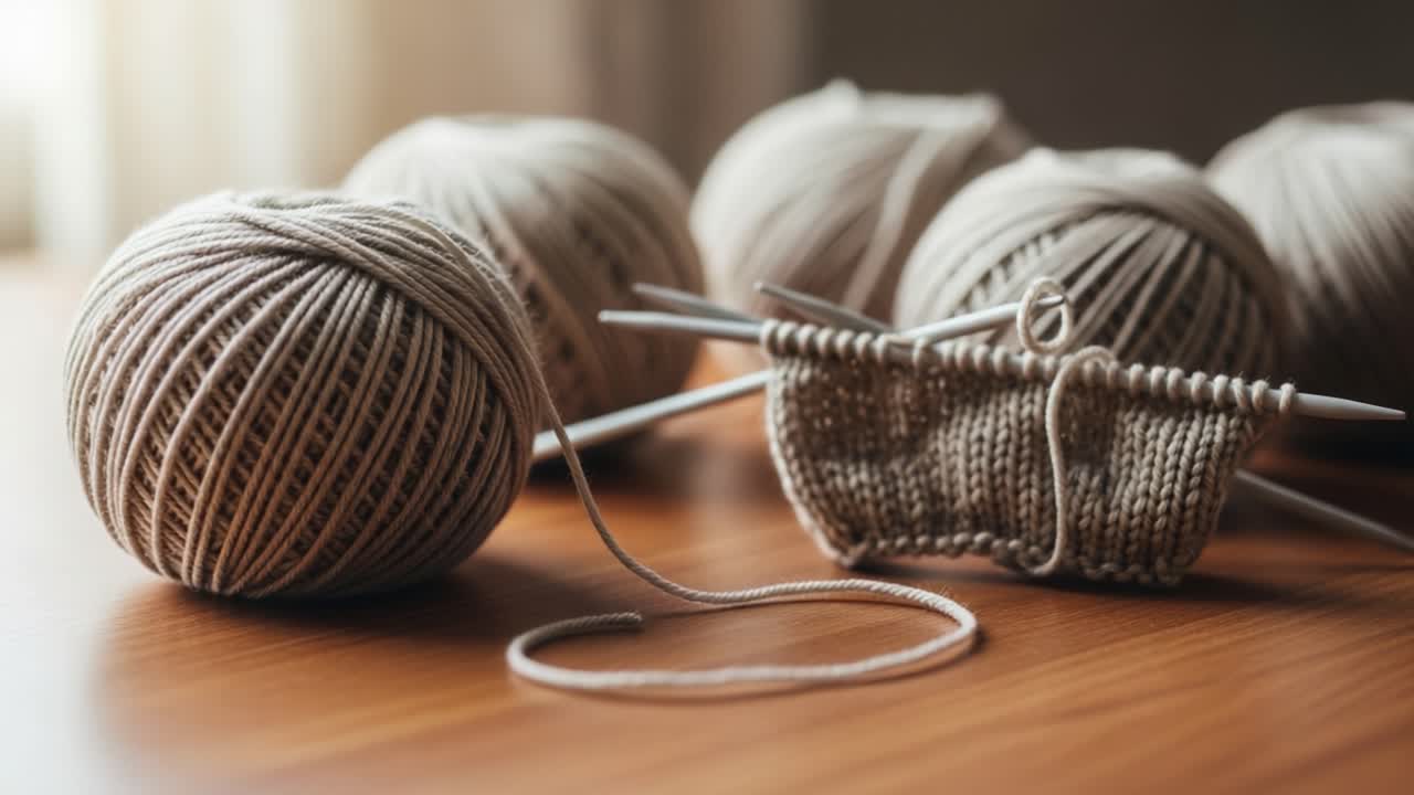 A Cozy Scene of Knitting: Soft Yarn Balls and Delicate Needles Arrayed on a Wooden Table, Capturing the Art of Crafting Warm Accessories