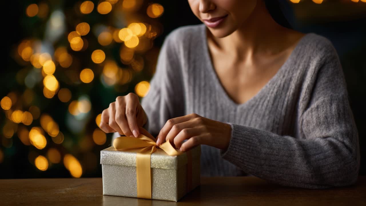 Un momento di gioia catturato mentre una donna scarta con cura una scatola regalo splendidamente decorata, impreziosita da un nastro lucido, su uno sfondo di luci scintillanti e festive.