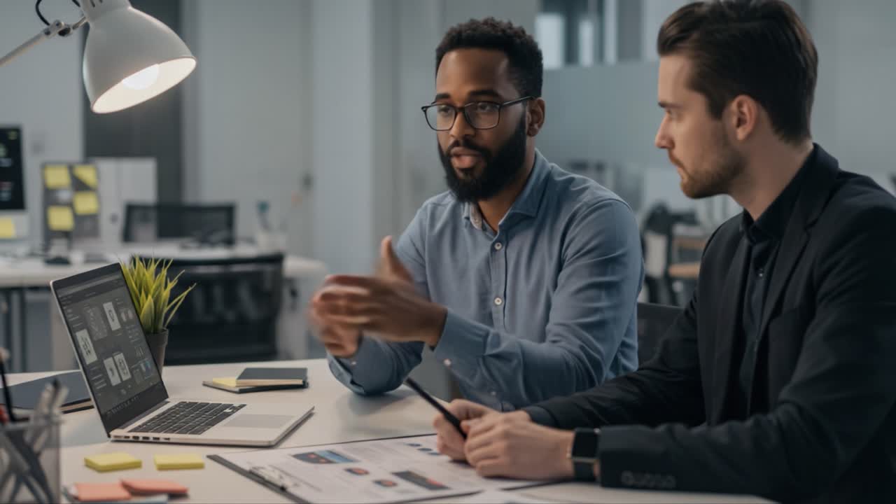 Engaging Discussion in a Modern Office Setting: Professionals Analyze Information Using Digital Tools and Collaborative Techniques for Effective Communication and Strategy Development