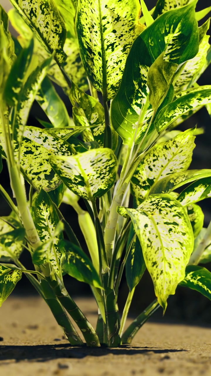 Pianta verde con foglie maculate che mostra crescita nel terreno sotto la luce del sole.